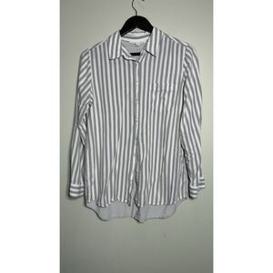 Jane+Delancey Striped Button Up Blouse M Roll Tab Gray White Boyfriend Coastal